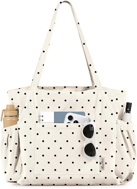 Miss Adola Cute Corduroy Tote Bag for Women Multi-Pocket with Zipper
