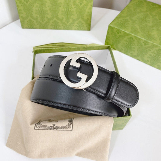 INTERLOCKING G SILVER BUCKLE 40MM BLACK LEAHTER