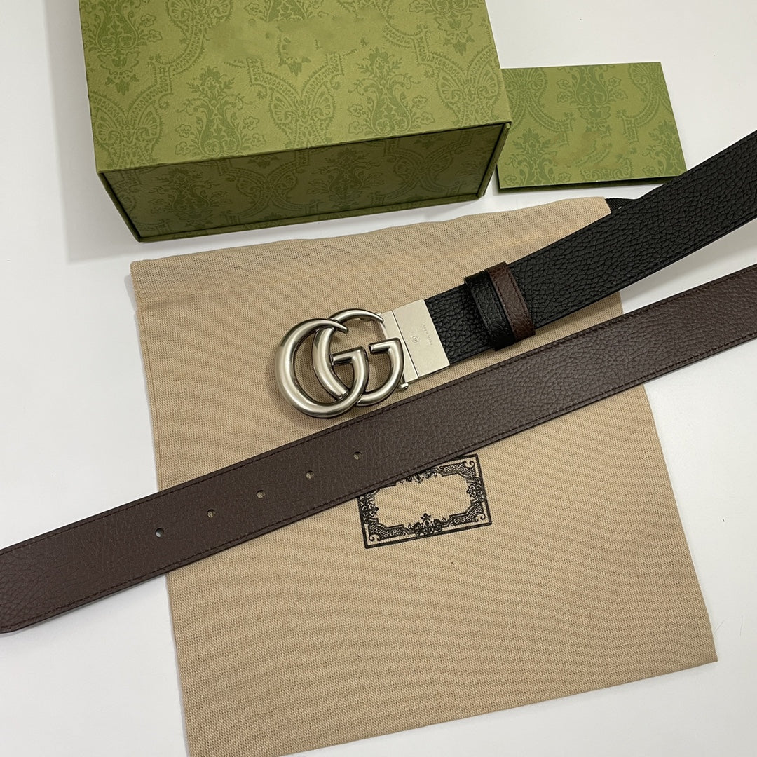 DOUBLE G SILVER BUCKLE 38MM BLACK BROWN LEATHER