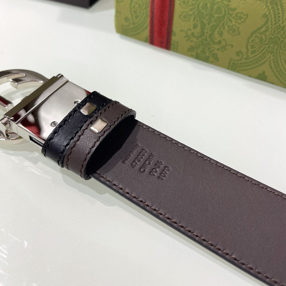 INTERLOCKING G SILVER BUCKLE 37MM BLACK BROWN LEATHER