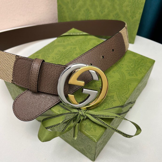 INTERLOCKING G GOLD GREY BUCKLE 40MM BEIGE CANVAS