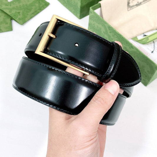 G BELT GOLD SQUARE INSTALL BUCKLE BLACK LEATHER 4.0CM