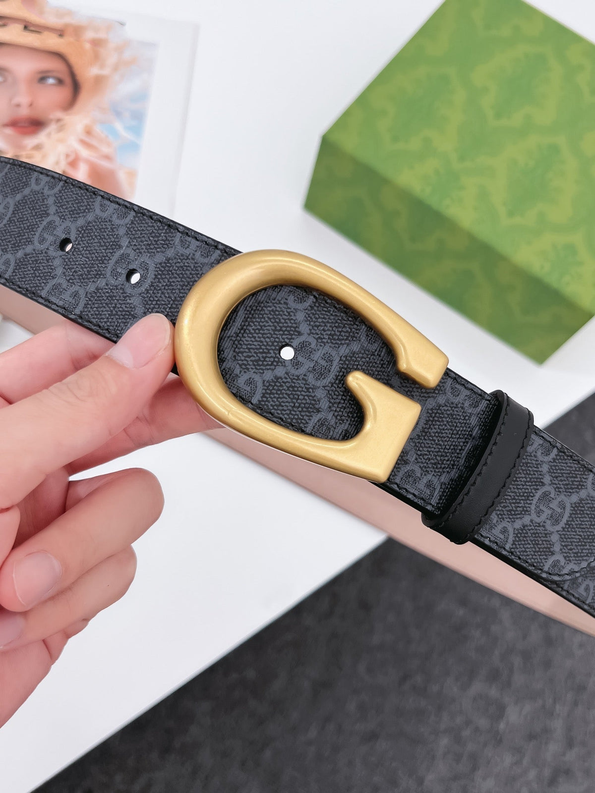 G BELT GOLD BUCKLE BLACK 40MM BEIGE CANVAS