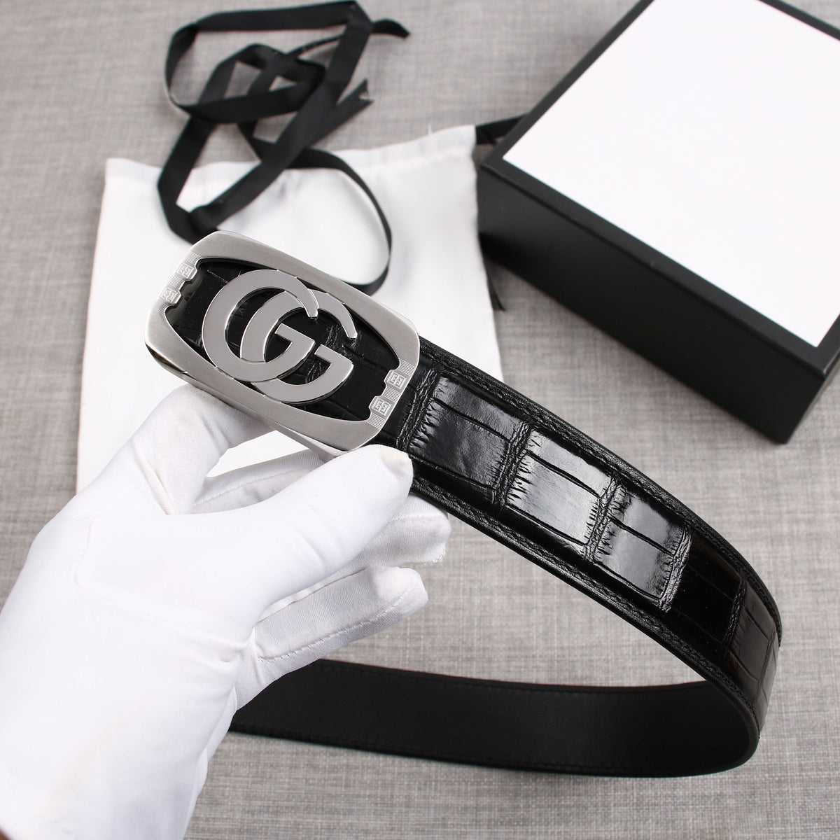 G BELT SILVER BUCKLE CROCODILE POLISHED BLACK 3.8CM