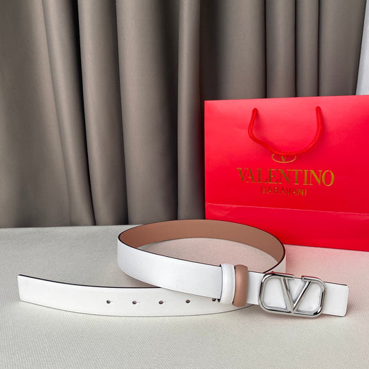 VALENTINO REVERSIBLE VLOGO SIGNATURE BELT IN GLOSSY BEIGE WHITE CALFSKIN SHW 30 MM