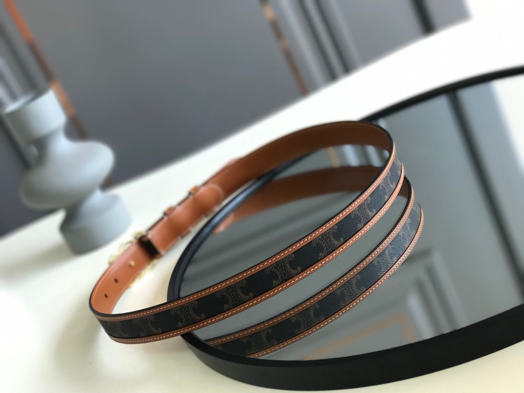 CELINE 25S BELT TRIOMPHE 25MM IN BROWN CALFSKIN AND CANVAS 559678