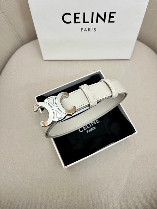 CELINE 25S TRIOMPHE 25MM BELT IN WHITE CALFSKIN SILVER HARDWARE