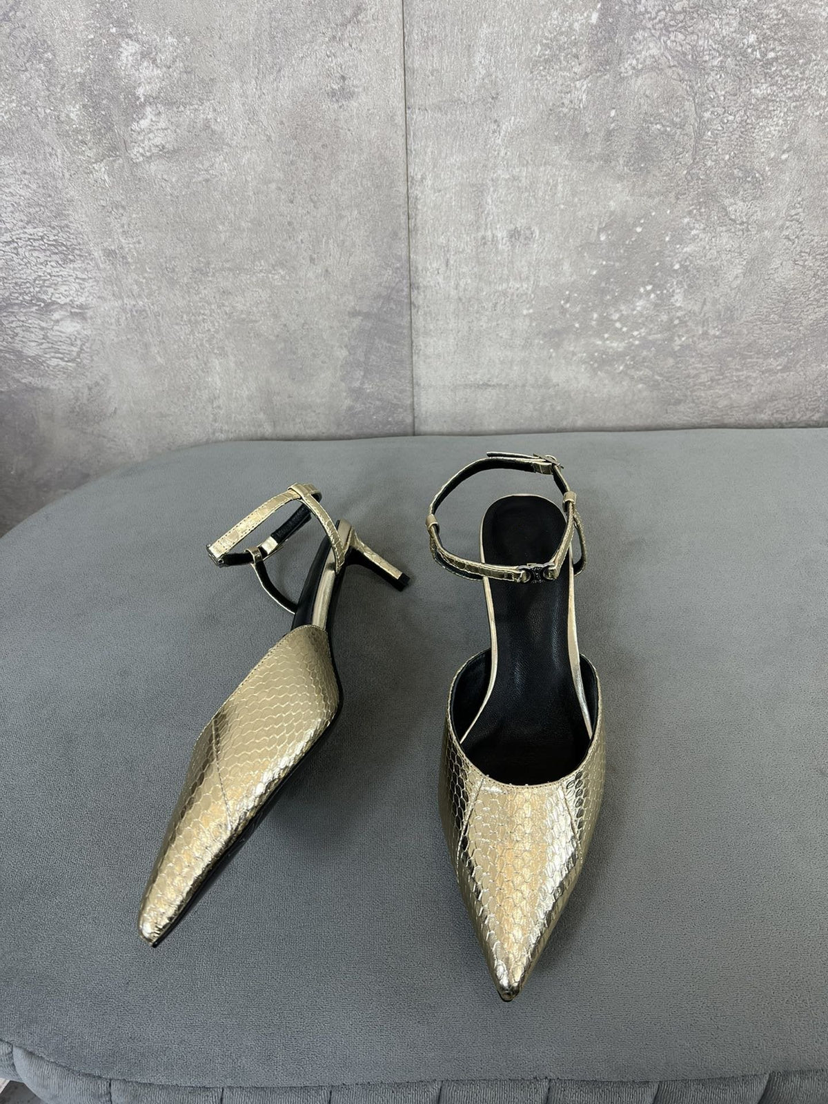 cl kitten with strap 45 gold lizard stamped metalized calfskin