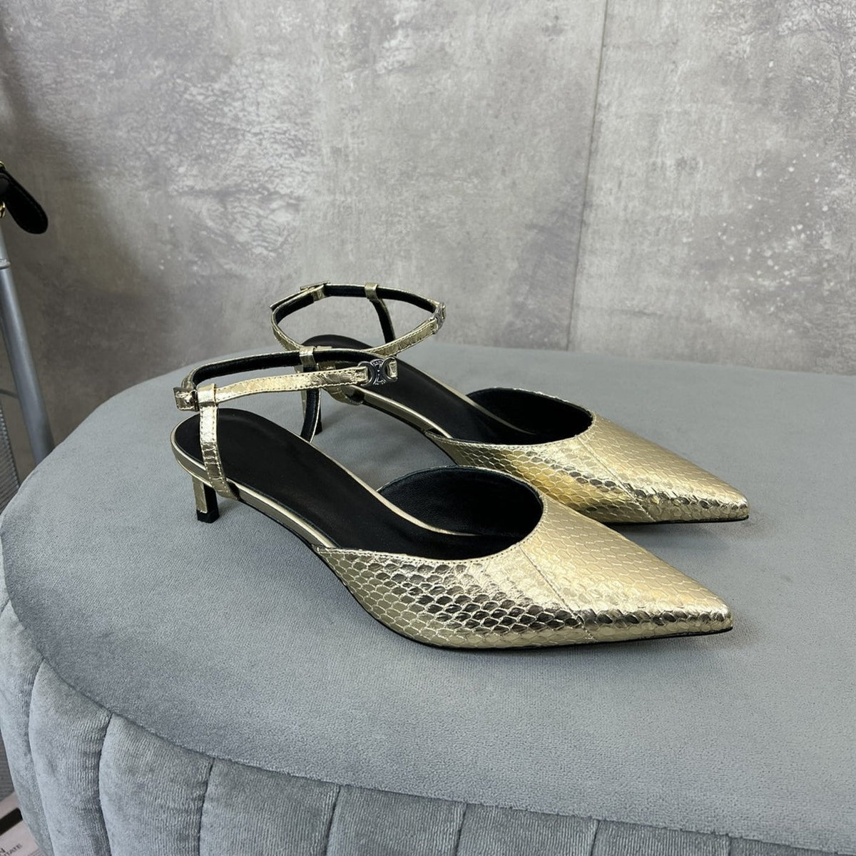cl kitten with strap 45 gold lizard stamped metalized calfskin