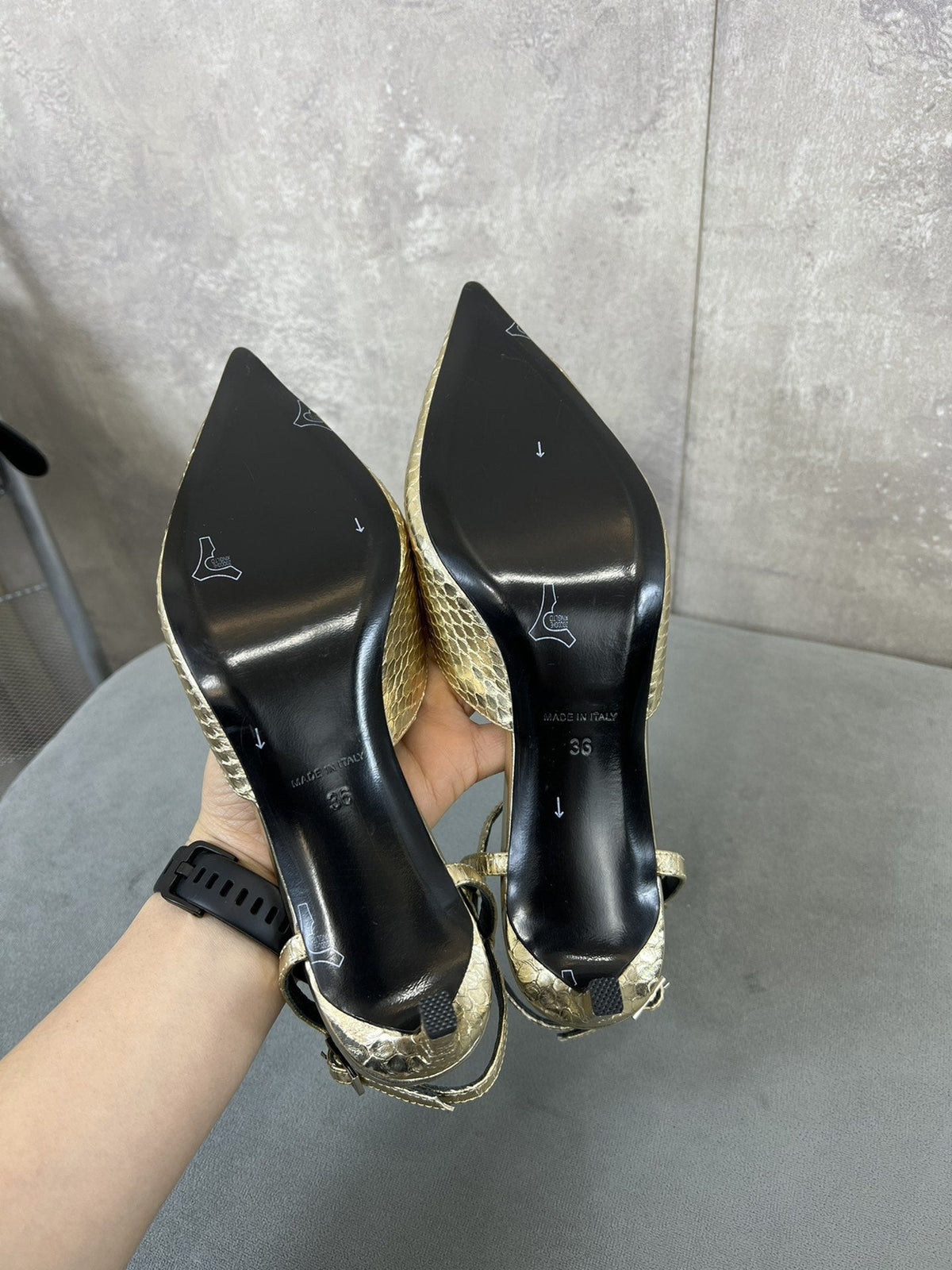 cl kitten with strap 45 gold lizard stamped metalized calfskin