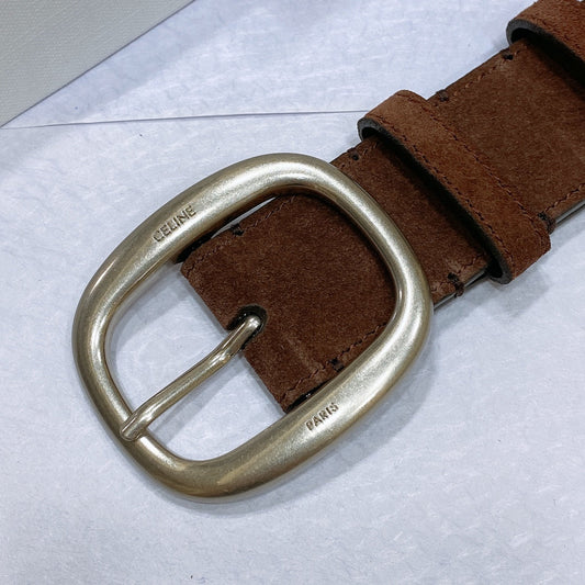 CELINE CL LARGE 35 MM BELT IN CHOCOLATE BROWN SUEDE LIGHT GOLD HARDWARE