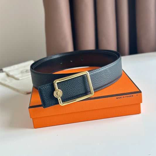 HERMES OSCAR BELT BUCKLE & REVERSIBLE BLACK LEATHER STRAP 38MM GOLD HARDWARE