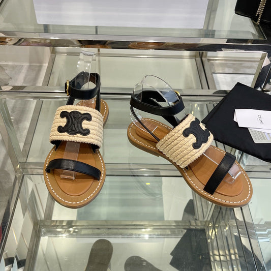 LYMPIAR FLAT STRAP SANDAL IN RAFFIA CALFSKIN BLACK BEIGE
