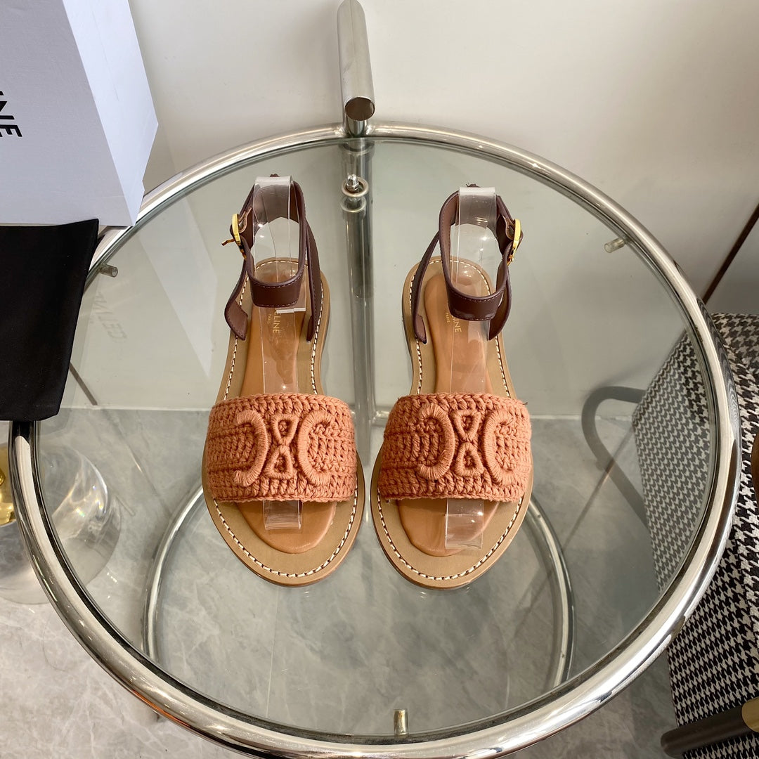 LYMPIA SANDAL IN BRONZE BROWN TRIOMPHE MACCRAMÉ COTTON AND TAN CALFSKIN