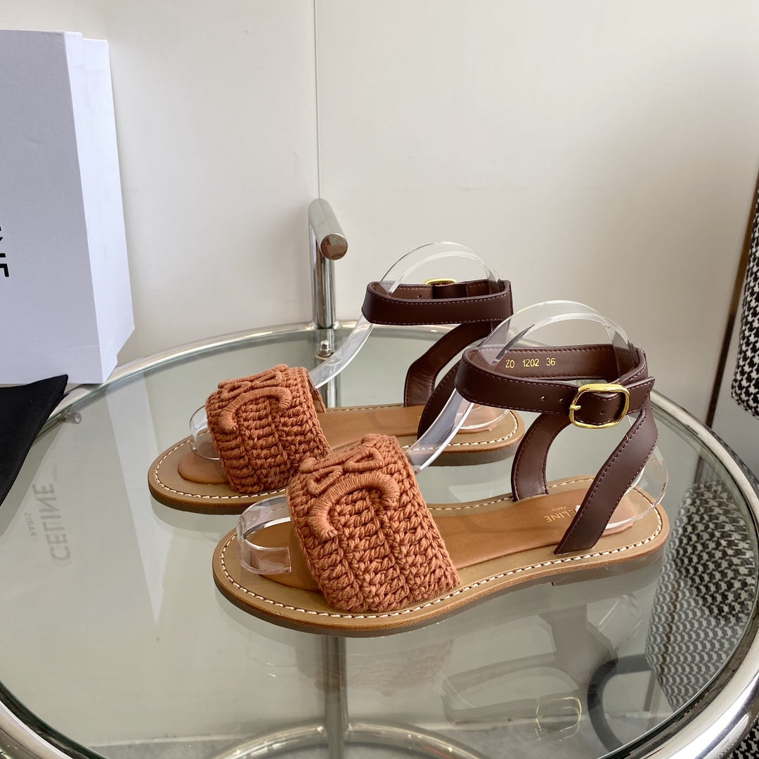 LYMPIA SANDAL IN BRONZE BROWN TRIOMPHE MACCRAMÉ COTTON AND TAN CALFSKIN