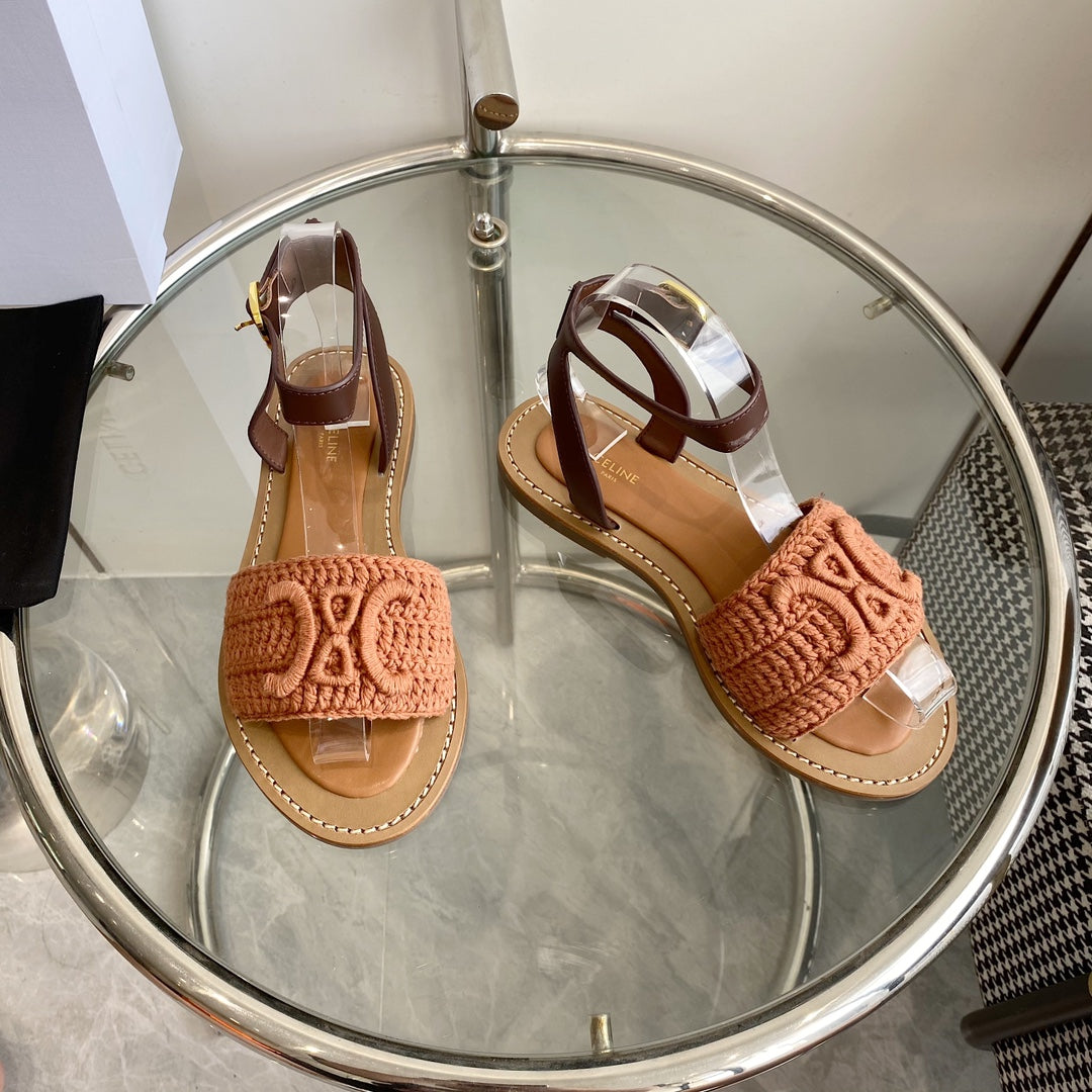 LYMPIA SANDAL IN BRONZE BROWN TRIOMPHE MACCRAMÉ COTTON AND TAN CALFSKIN