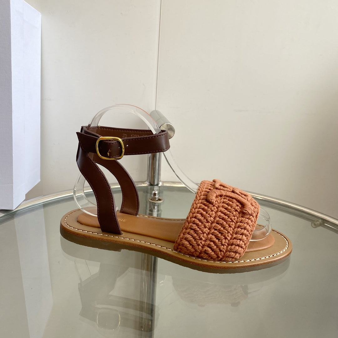 LYMPIA SANDAL IN BRONZE BROWN TRIOMPHE MACCRAMÉ COTTON AND TAN CALFSKIN