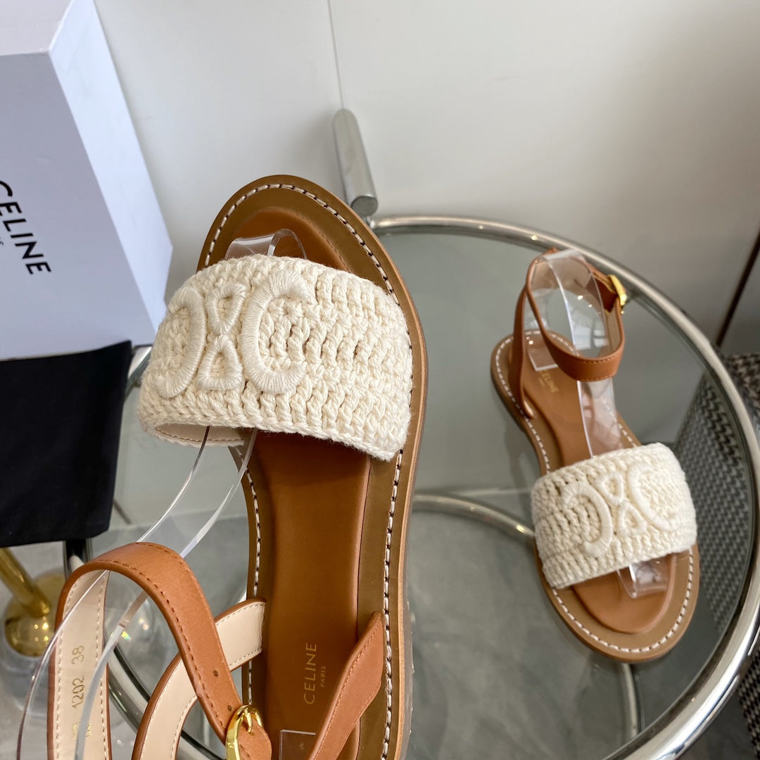 LYMPIA SANDAL IN WHITE TRIOMPHE MACCRAMÉ COTTON AND TAN CALFSKIN