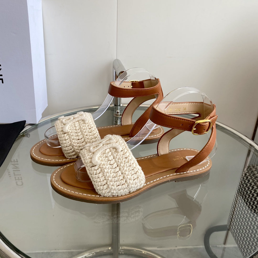 LYMPIA SANDAL IN WHITE TRIOMPHE MACCRAMÉ COTTON AND TAN CALFSKIN