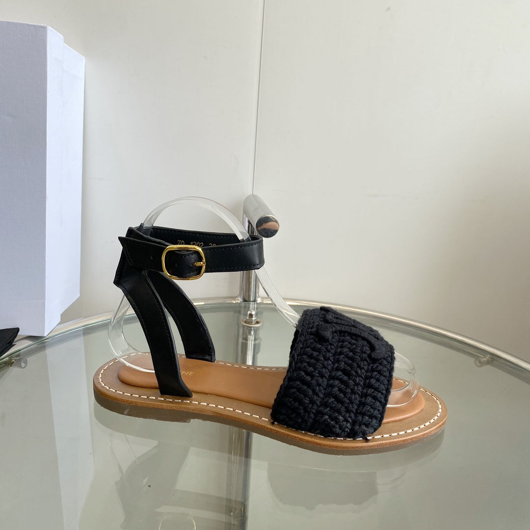 LYMPIA SANDAL IN BLACK TRIOMPHE MACCRAMÉ COTTON AND CALFSKIN