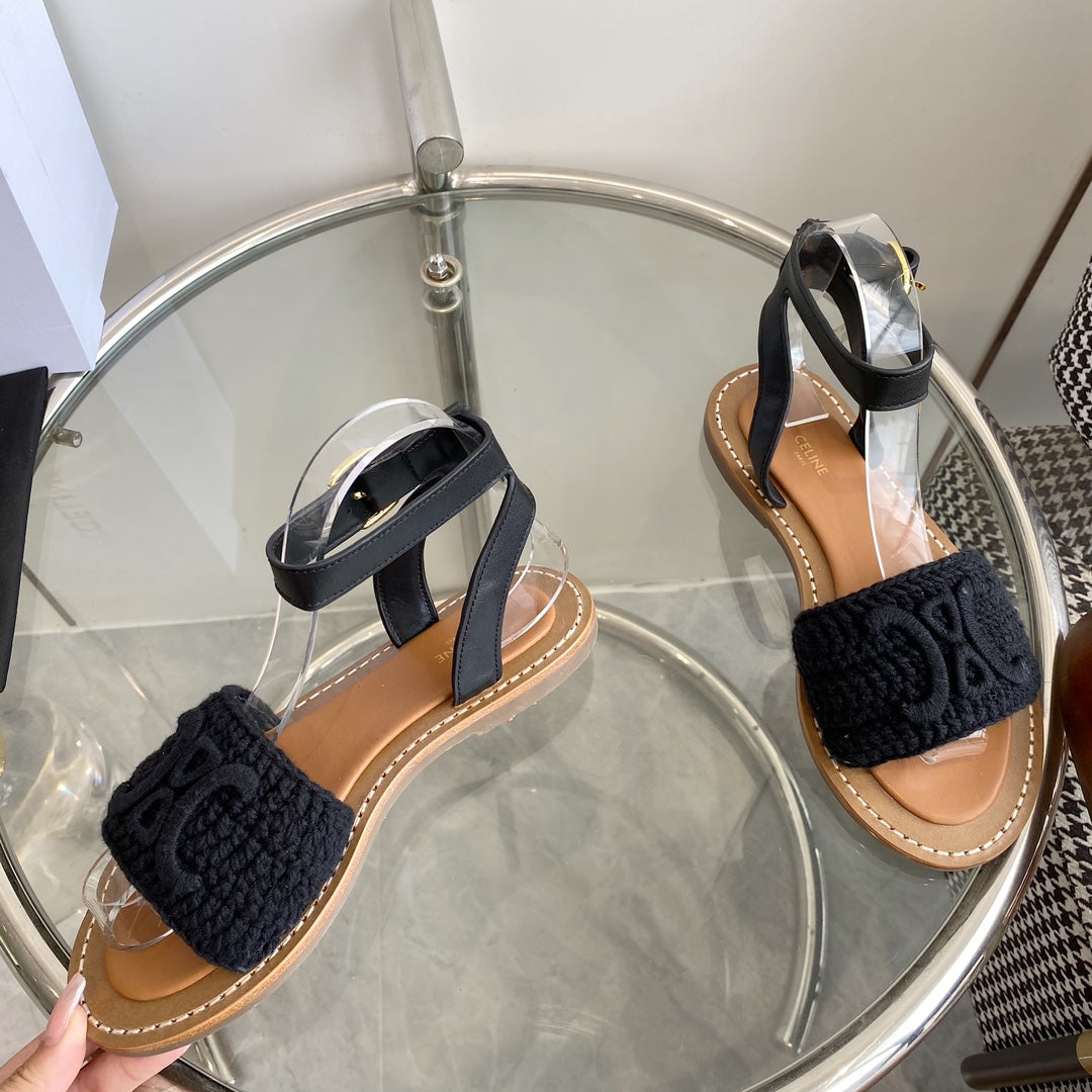 LYMPIA SANDAL IN BLACK TRIOMPHE MACCRAMÉ COTTON AND CALFSKIN