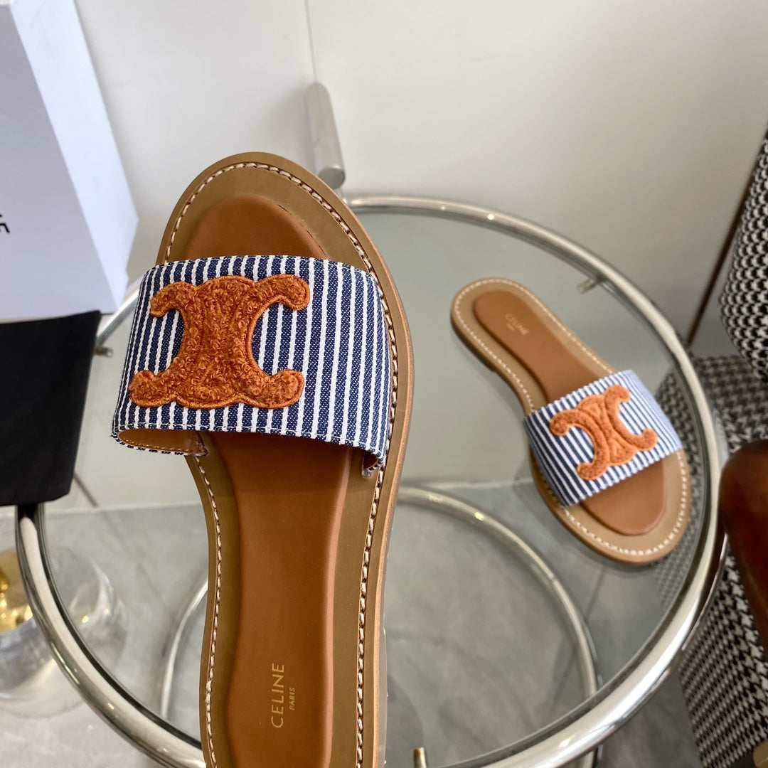 CELINE 25 Slippers Blue Stripe Orange Denim 285981