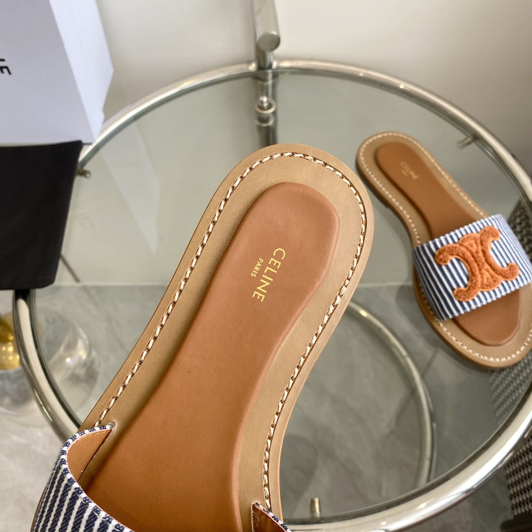 CELINE 25 Slippers Blue Stripe Orange Denim 285981