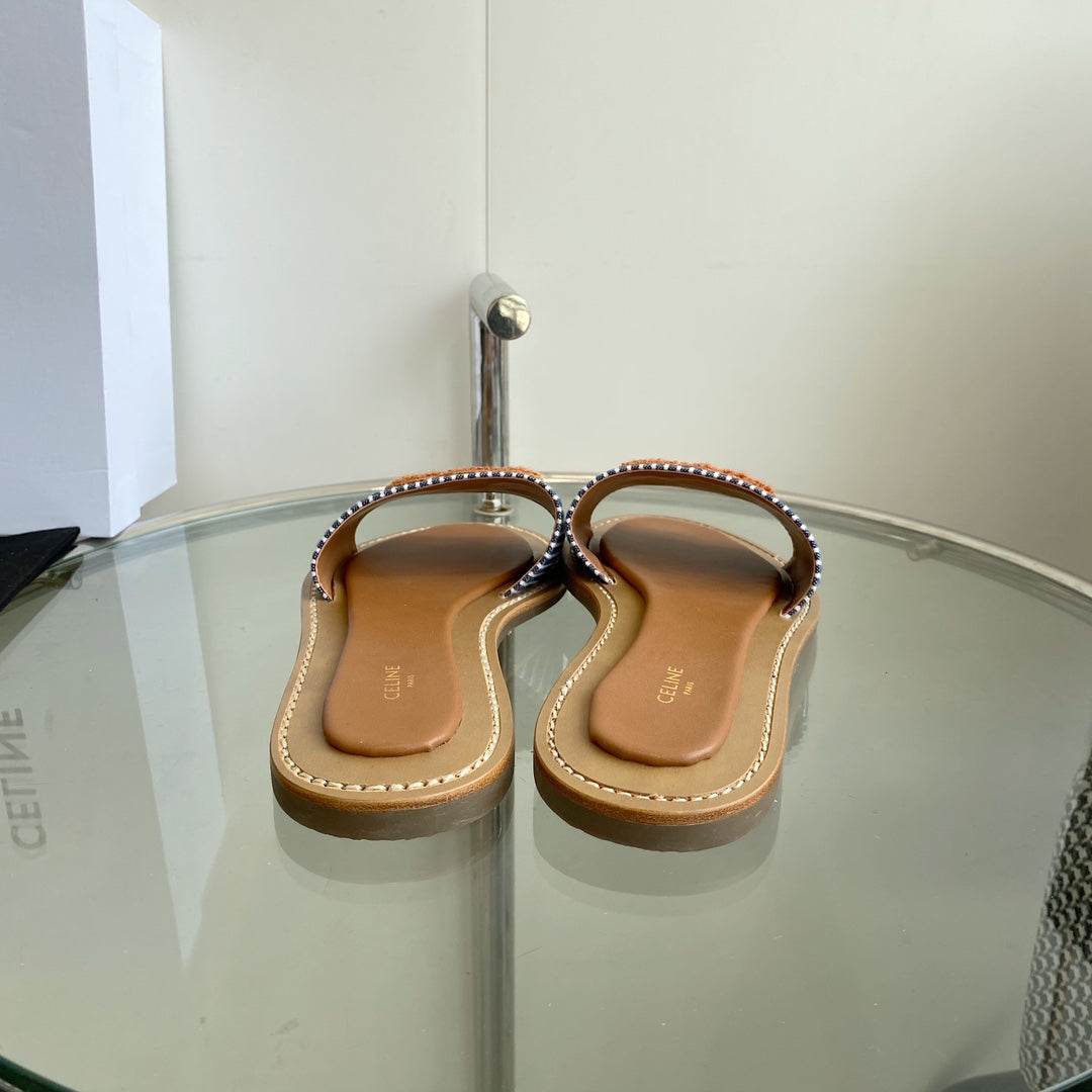 CELINE 25 Slippers Blue Stripe Orange Denim 285981