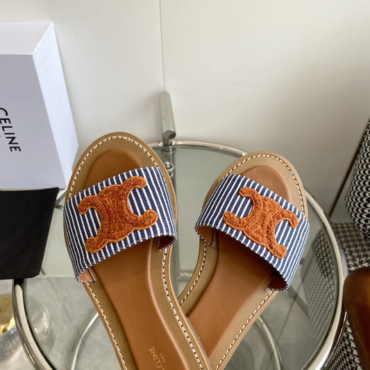 CELINE 25 Slippers Blue Stripe Orange Denim 285981