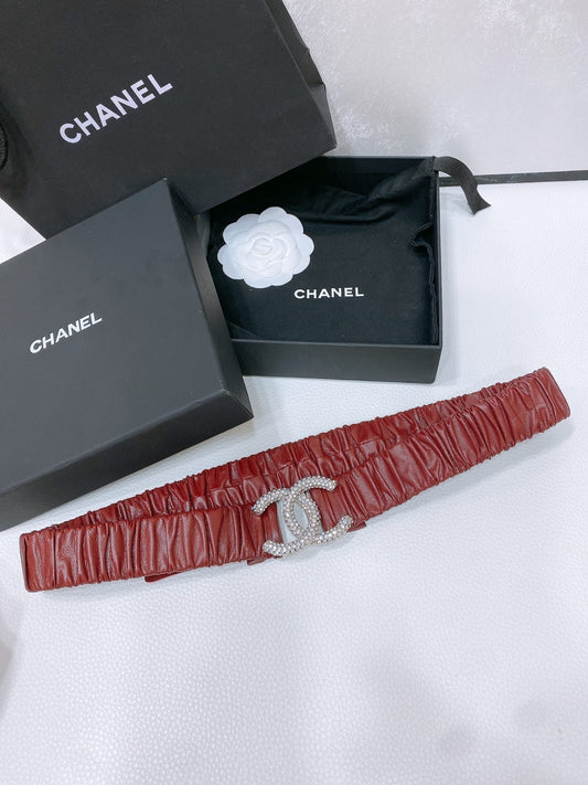 CHANEL ELASTIC BELT 30MM IN WINE RED CALFSKIN SILVER HARDWARE WITH RHINSTONES