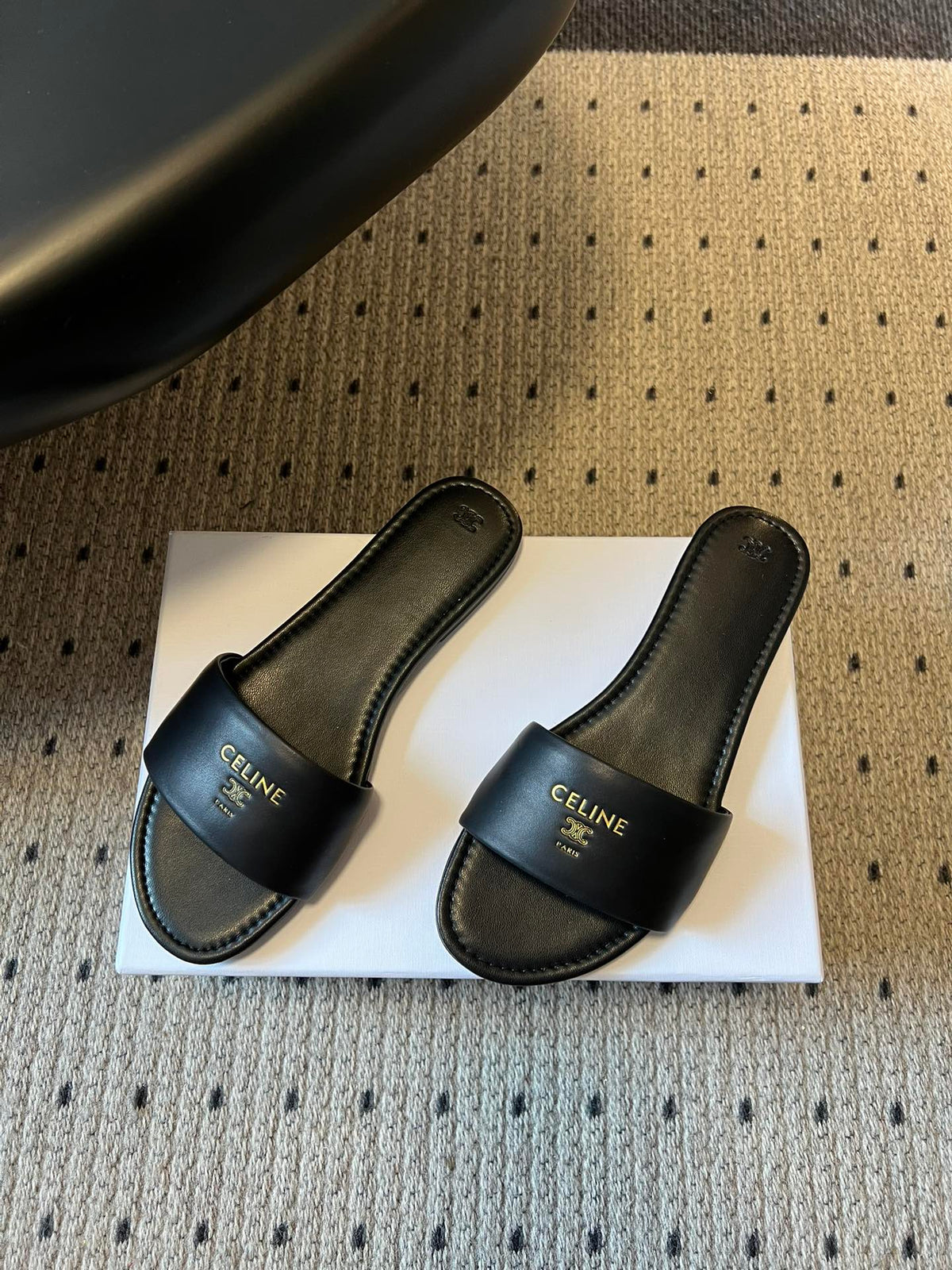 Celine 26 Flat Mule Slippers Black Sheepskin 621528