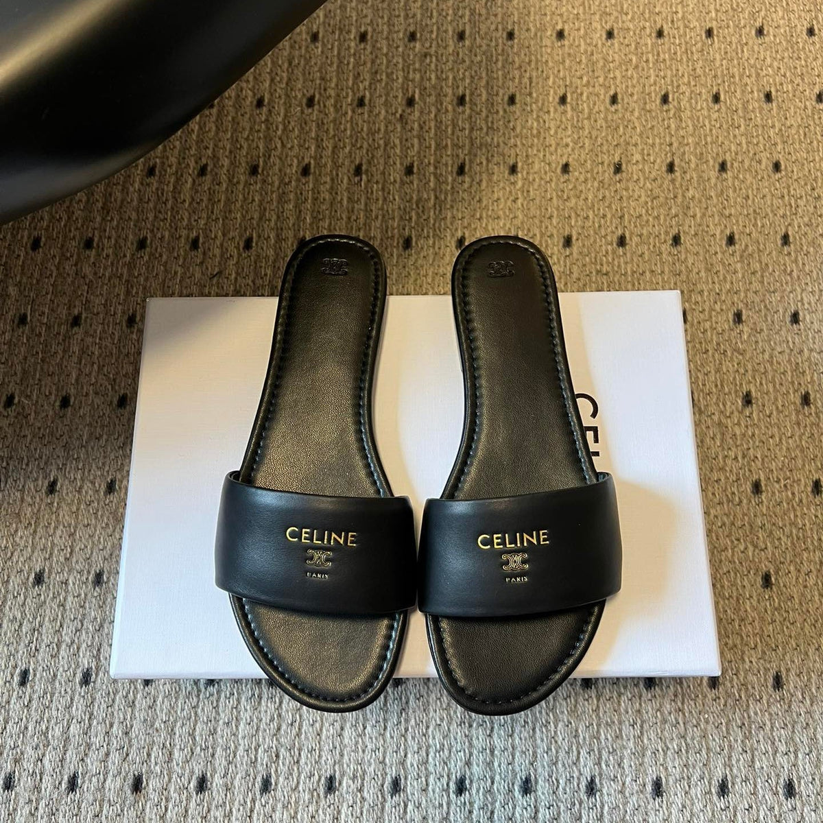 Celine 26 Flat Mule Slippers Black Sheepskin 621528