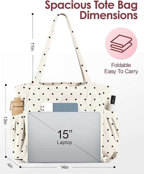 Miss Adola Cute Corduroy Tote Bag for Women Multi-Pocket with Zipper