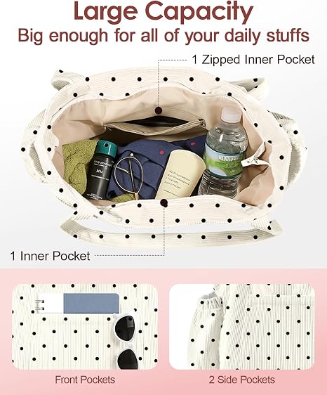 Miss Adola Cute Corduroy Tote Bag for Women Multi-Pocket with Zipper