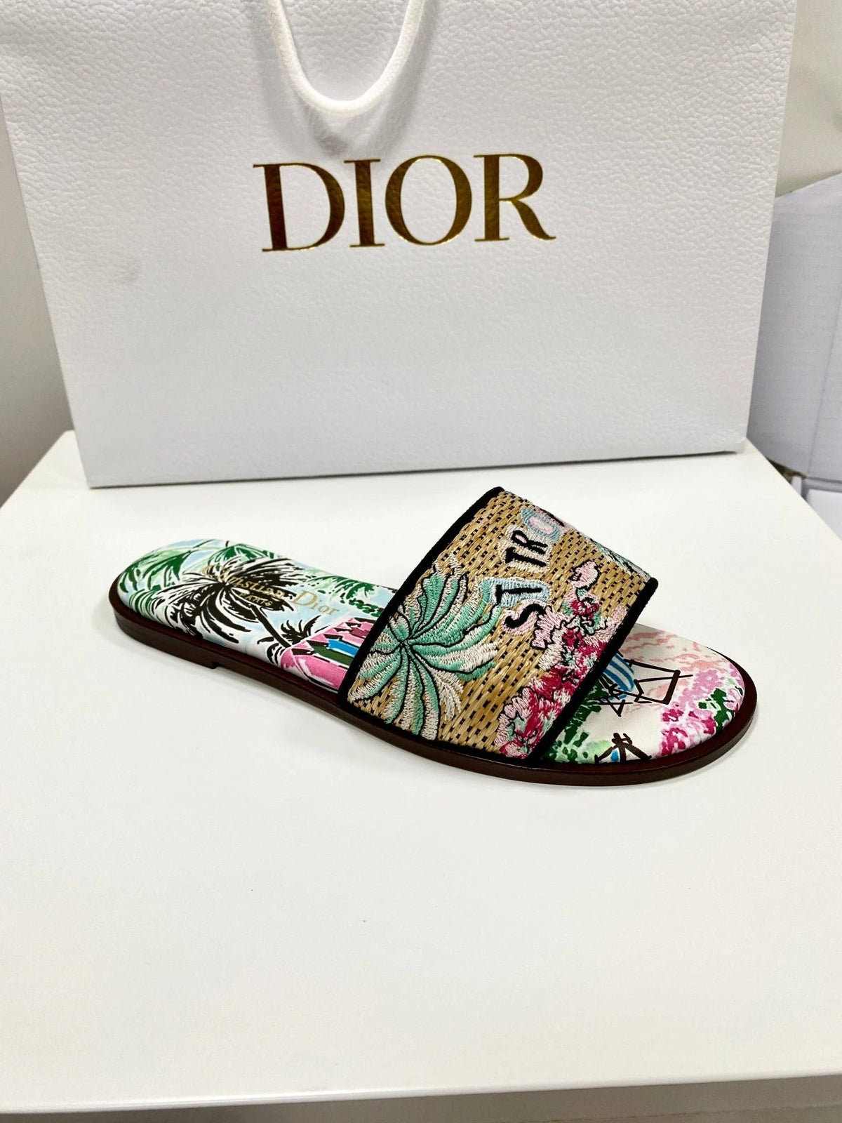 CD 26s Embroidered Sandals Blue Multicolor Canvas Leather 683006