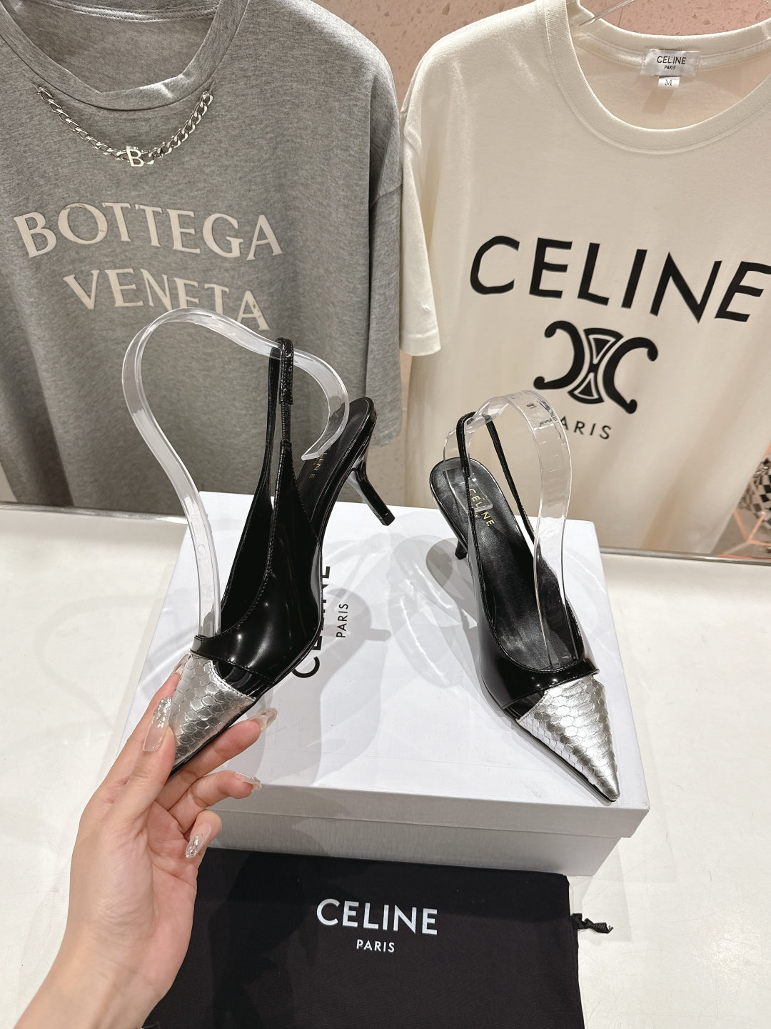 Celine 25C Slingback Pump Black mix Silver Sheepskin 236772