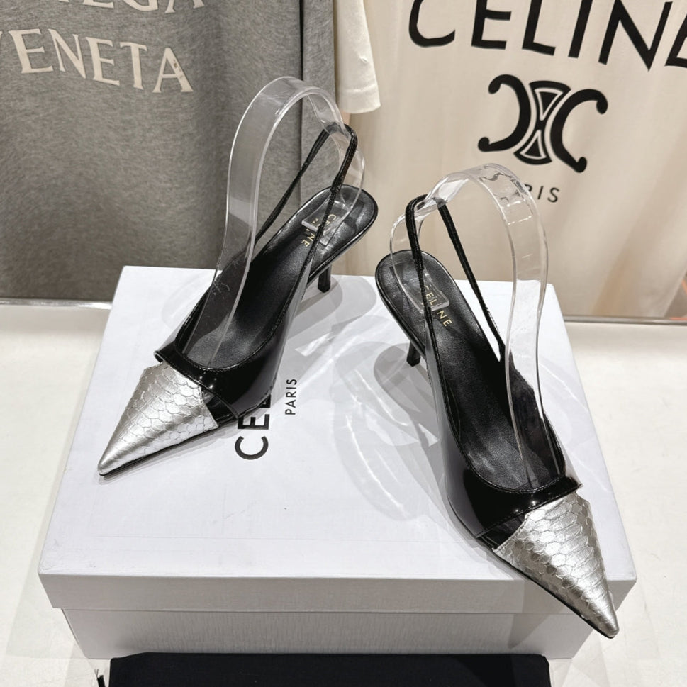 Celine 25C Slingback Pump Black mix Silver Sheepskin 236772