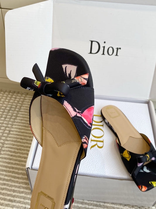 CD 26s Bow Kitten Flat Open Back Sandals Black Lambskin 909654