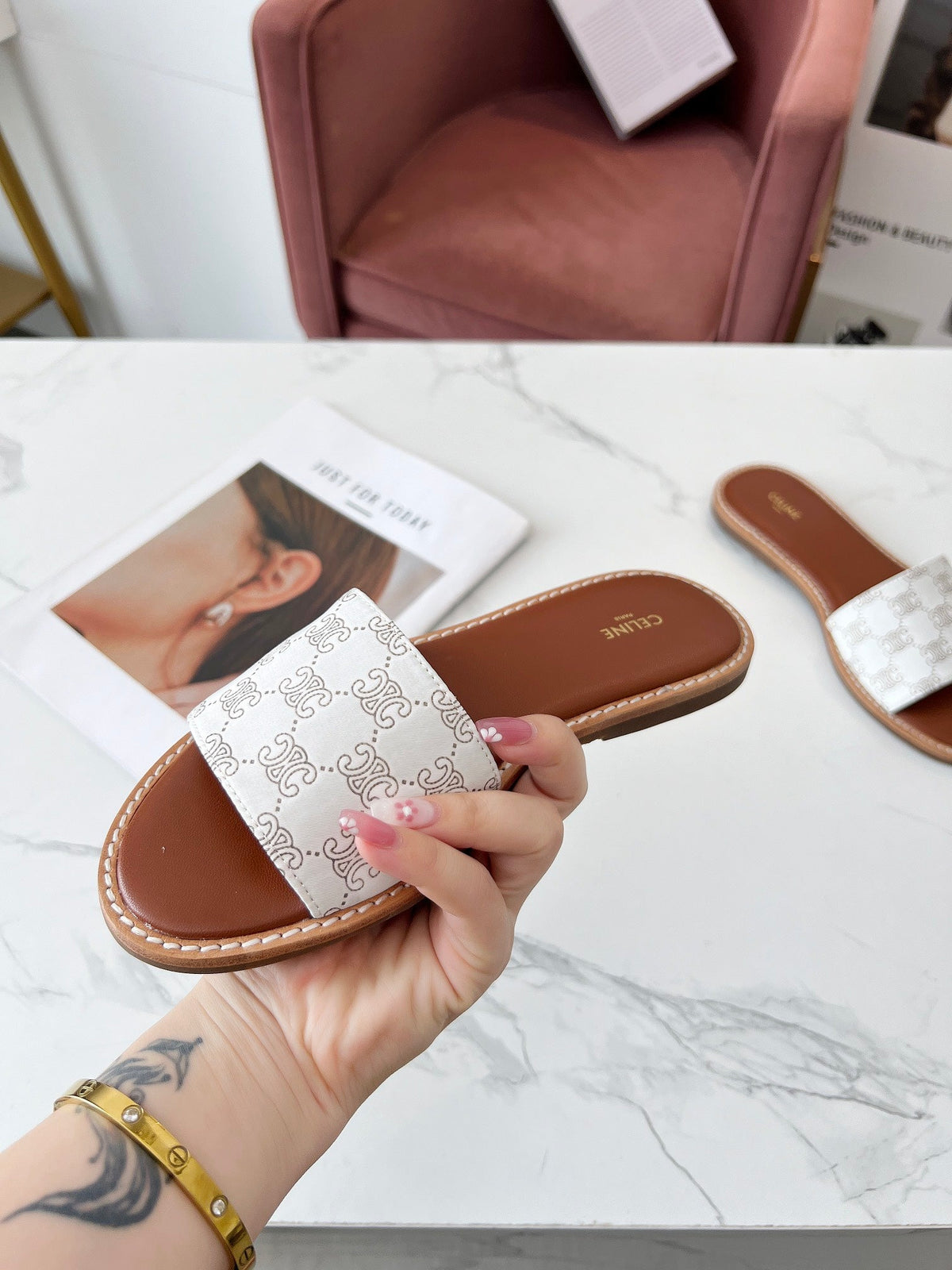 Celine 25C Slippers White Monagram Silk with Calfskin 238145