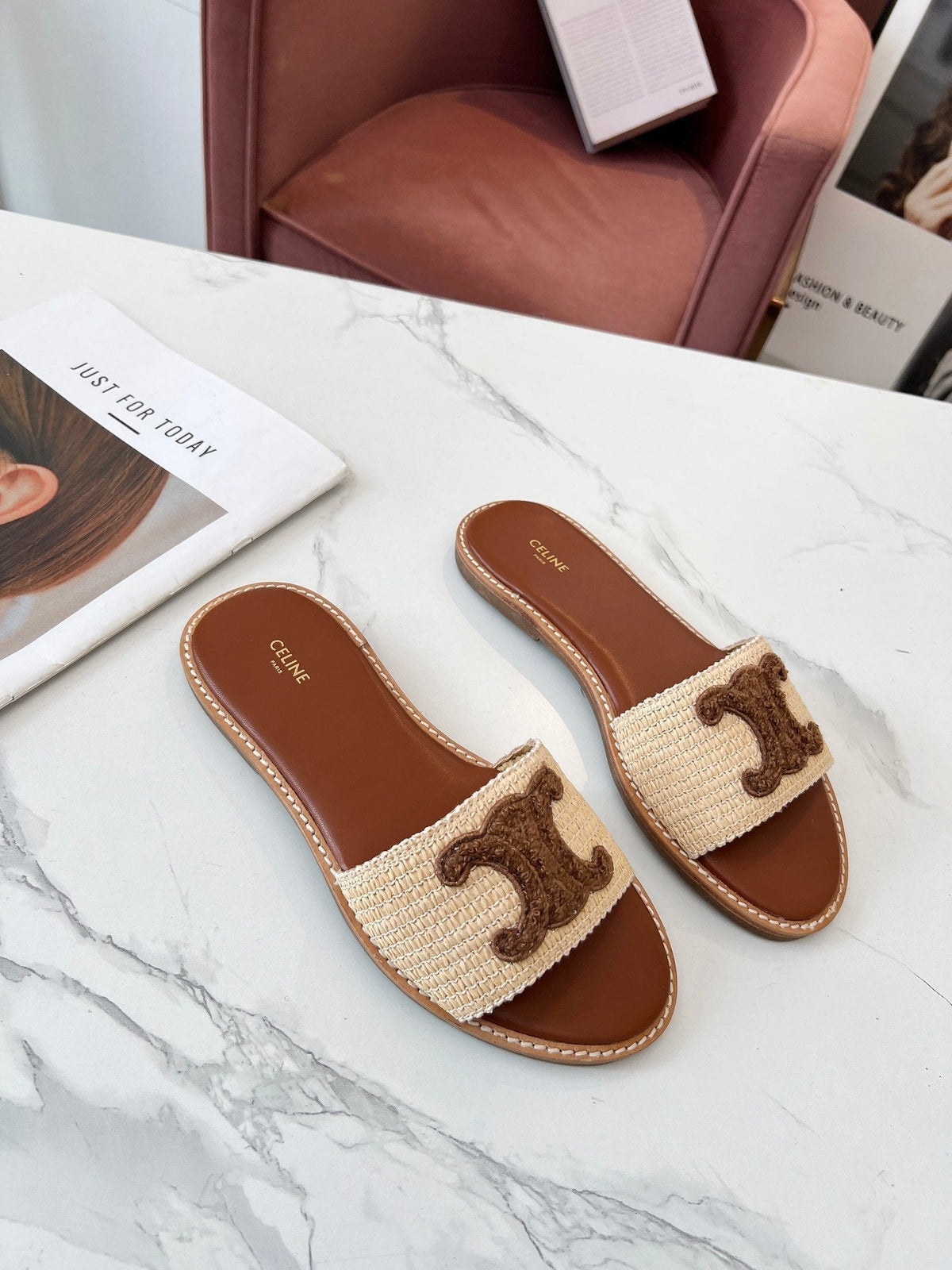 Celine 25C Slippers Beige mix Coffee Fabric with Calfskin 238149