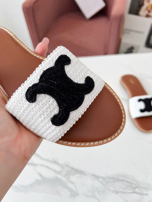 Celine 25C Slippers White mix Black Fabric with Calfskin 238150