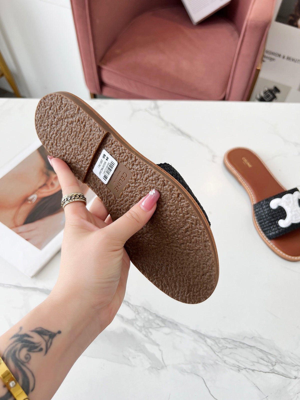 Celine 25C Slippers Black mix White Fabric with Calfskin 238151