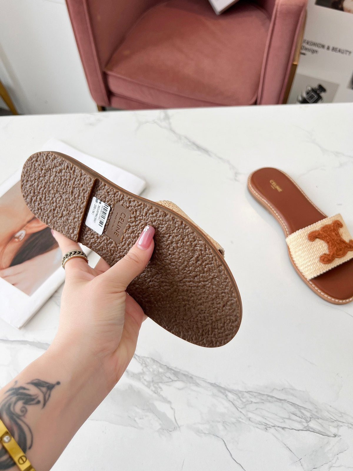 Celine 25C Slippers Beige mix Brown Fabric with Calfskin 238152