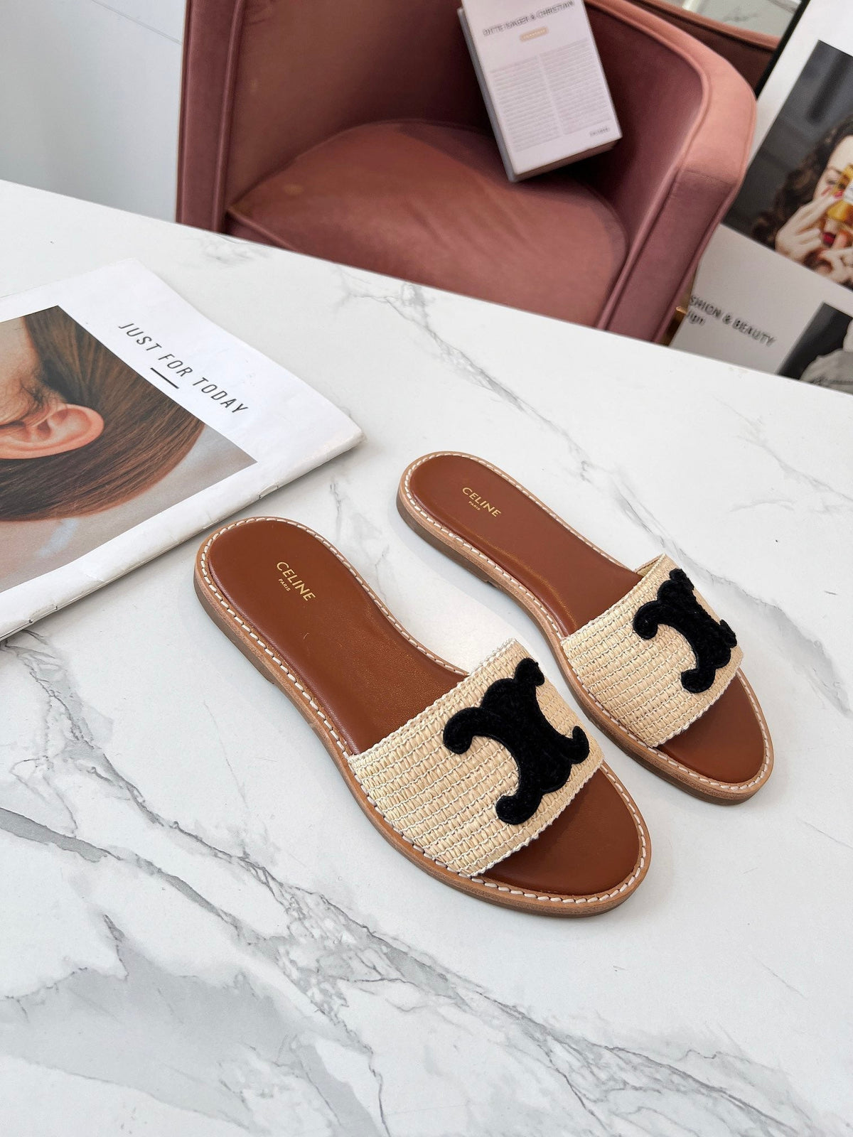 Celine 25C Slippers Beige mix Black Fabric with Calfskin 238156