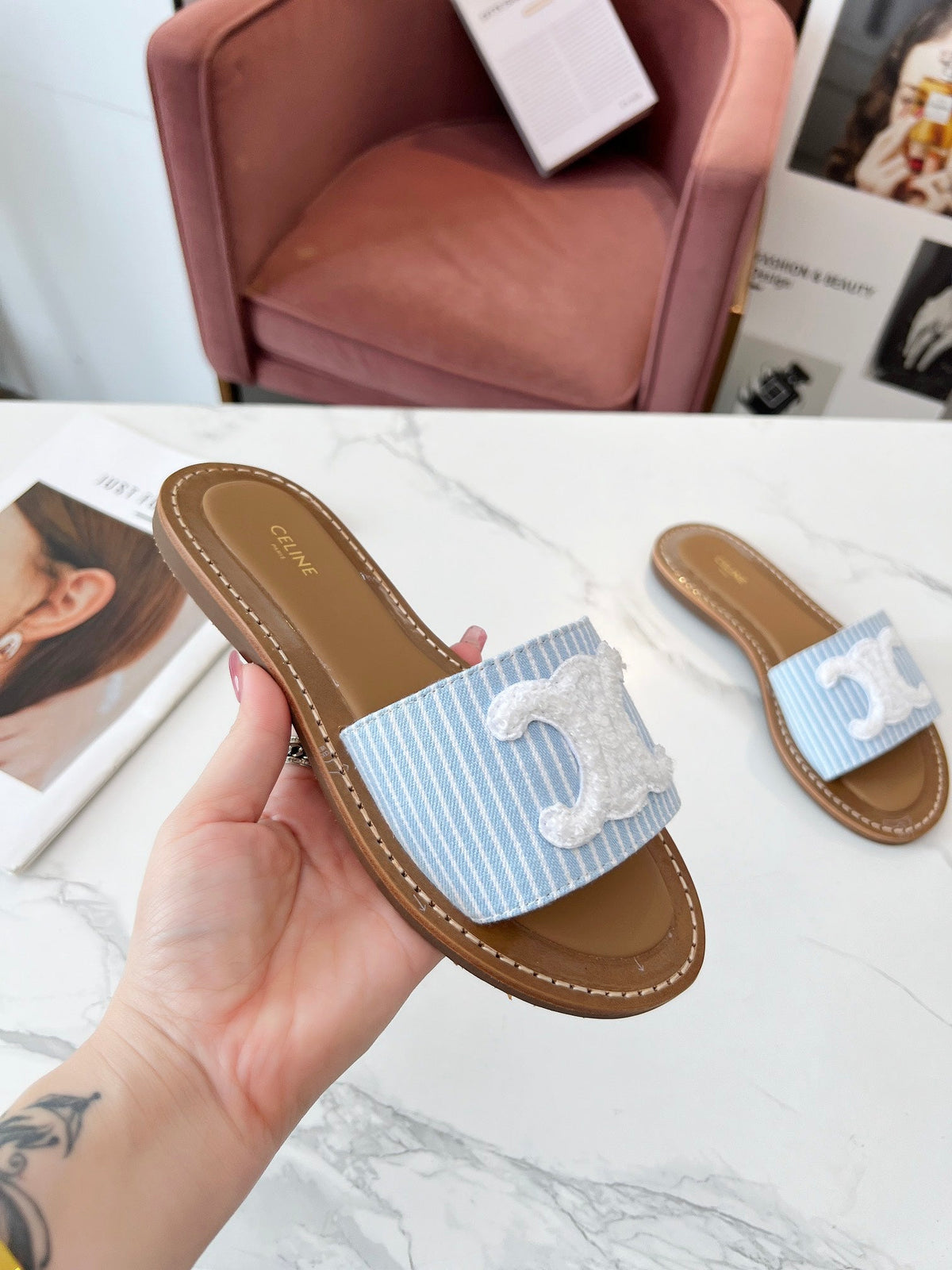 Celine 25C Slippers Baby Blue mix White Fabric with Calfskin 238165