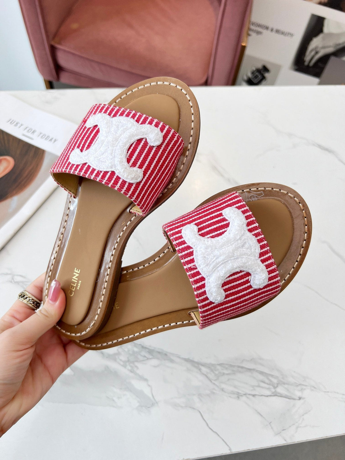 Celine 25C Slippers Red mix White Fabric with Calfskin 238167