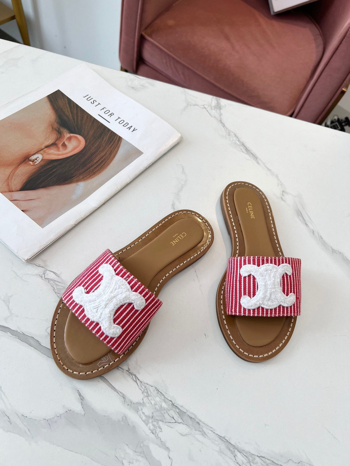 Celine 25C Slippers Red mix White Fabric with Calfskin 238167