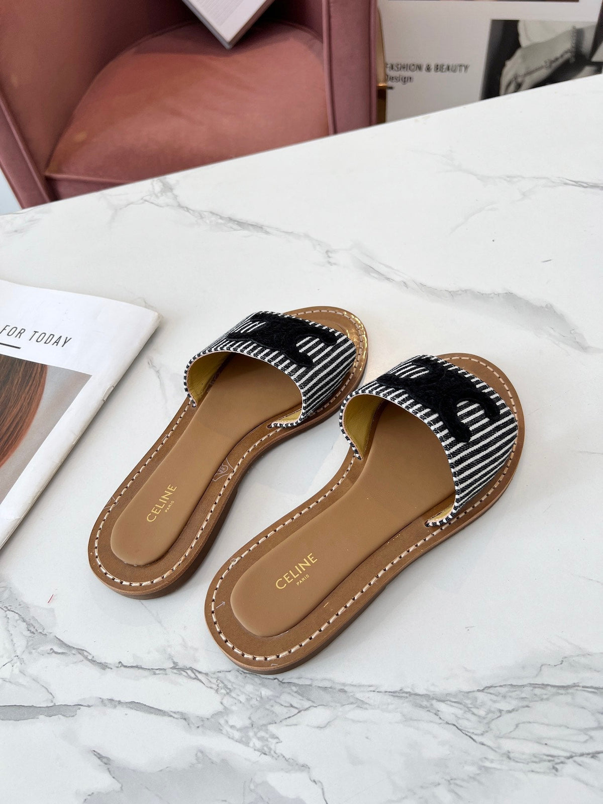 Celine 25C Slippers Black Fabric with Calfskin 238168