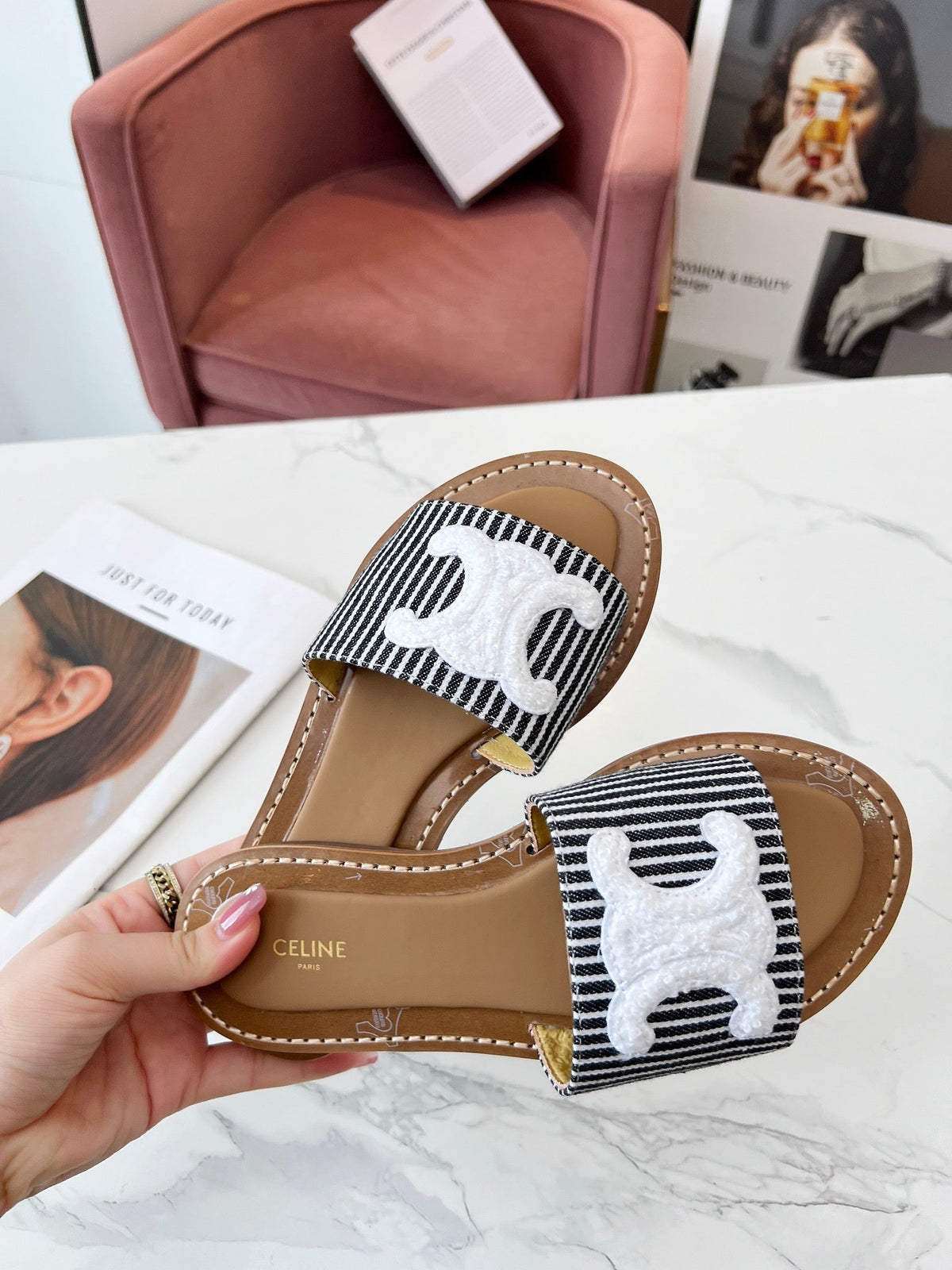 Celine 25C Slippers Black mix White Fabric with Calfskin 238169