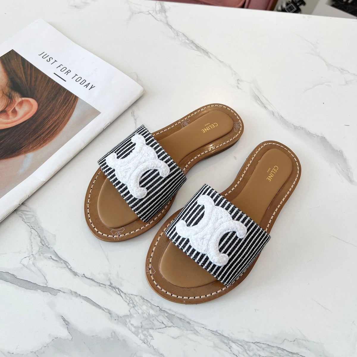 Celine 25C Slippers Black mix White Fabric with Calfskin 238169
